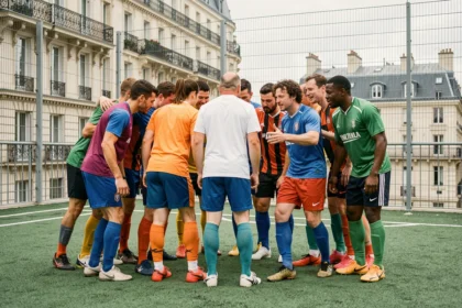 Groupe de joueurs amateurs en huddle sur un terrain de football 5 contre 5 en gazon artificiel à Paris, avec immeubles haussmanniens en arrière-plan