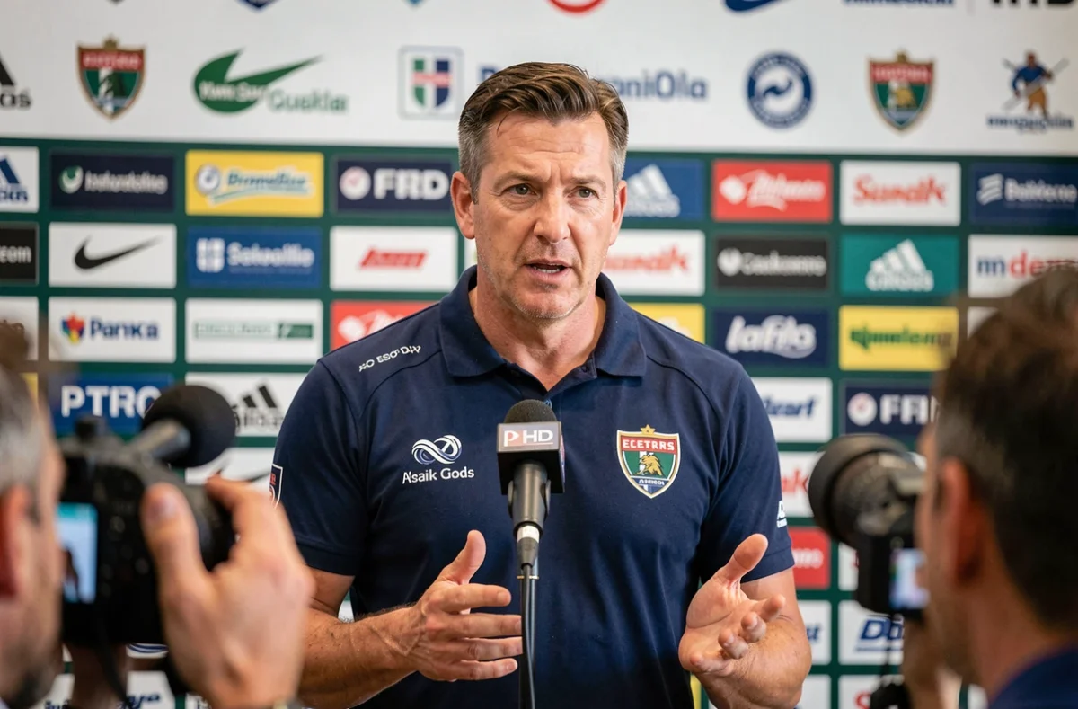 Entraîneur de club rugby National 2 lors d'une conférence de presse annonçant des transferts et recrutements pour la saison 2026