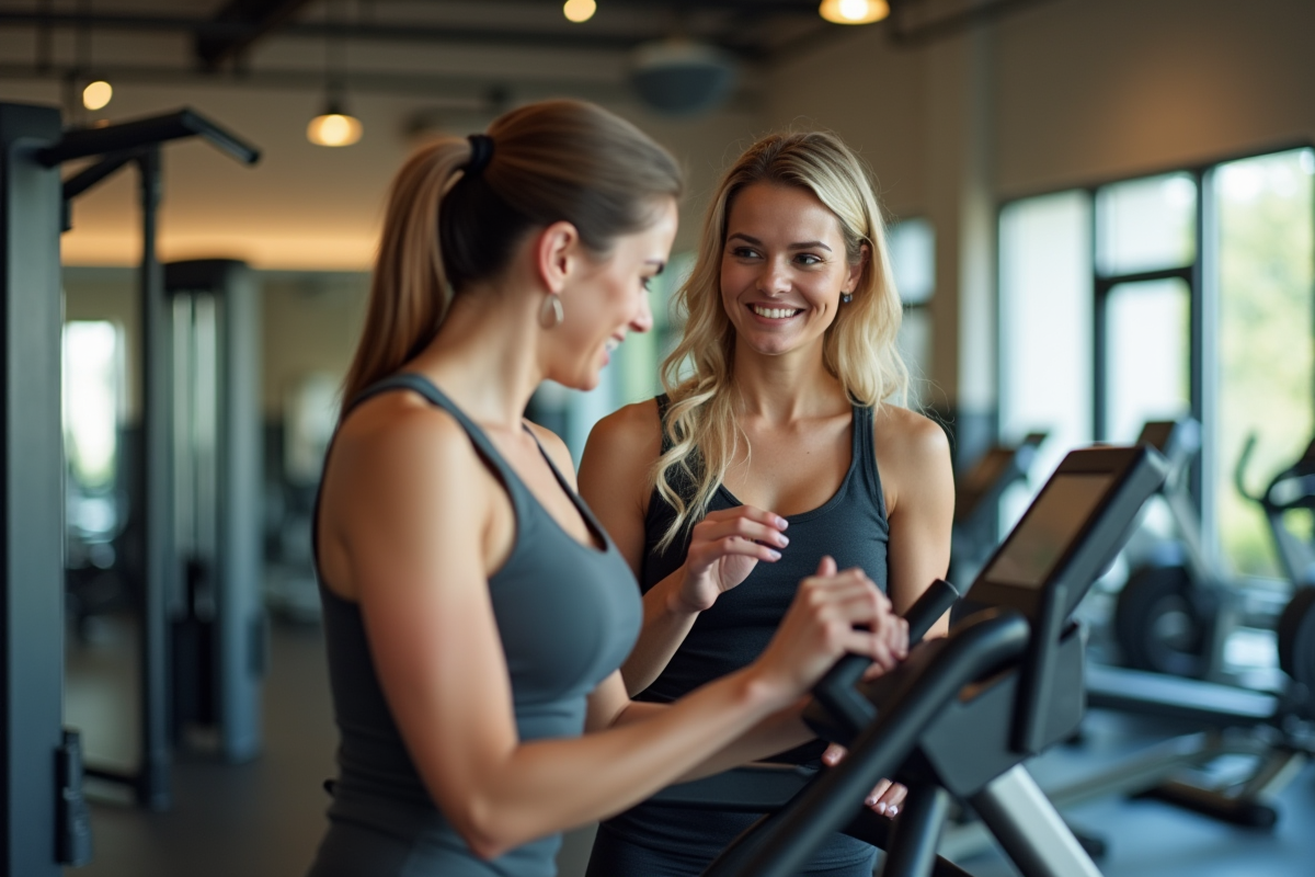 Coach femme aidant une femme sur un équipement de fitness