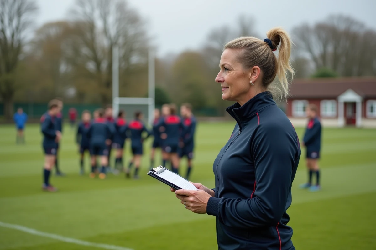 Entraîneuse de rugby donnant des conseils aux jeunes