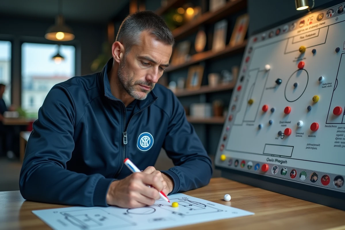 Entraineur analysant un diagramme tactique dans un bureau