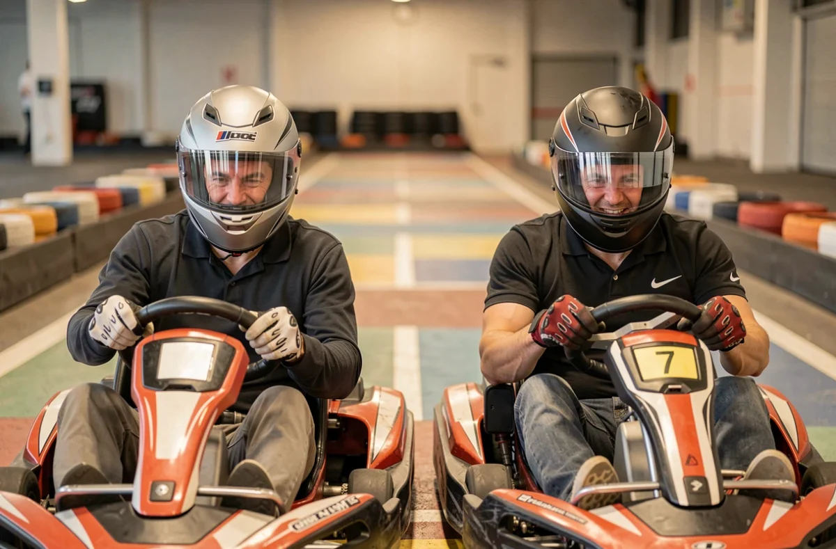 Deux collègues d'entreprise au départ d'une course de karting indoor, visières baissées et mains sur le volant, lors d'un événement team building