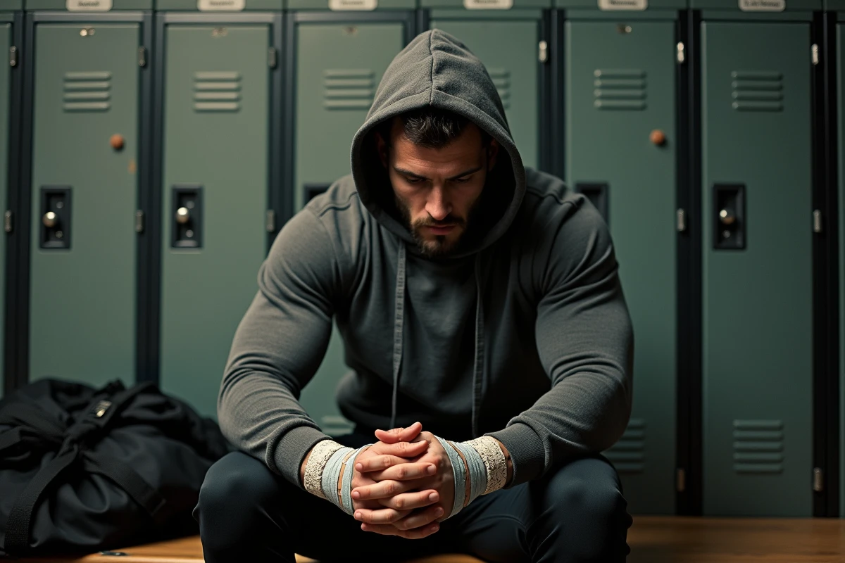 Combattant MMA en réflexion solitaire dans un vestiaire avant un changement de catégorie UFC