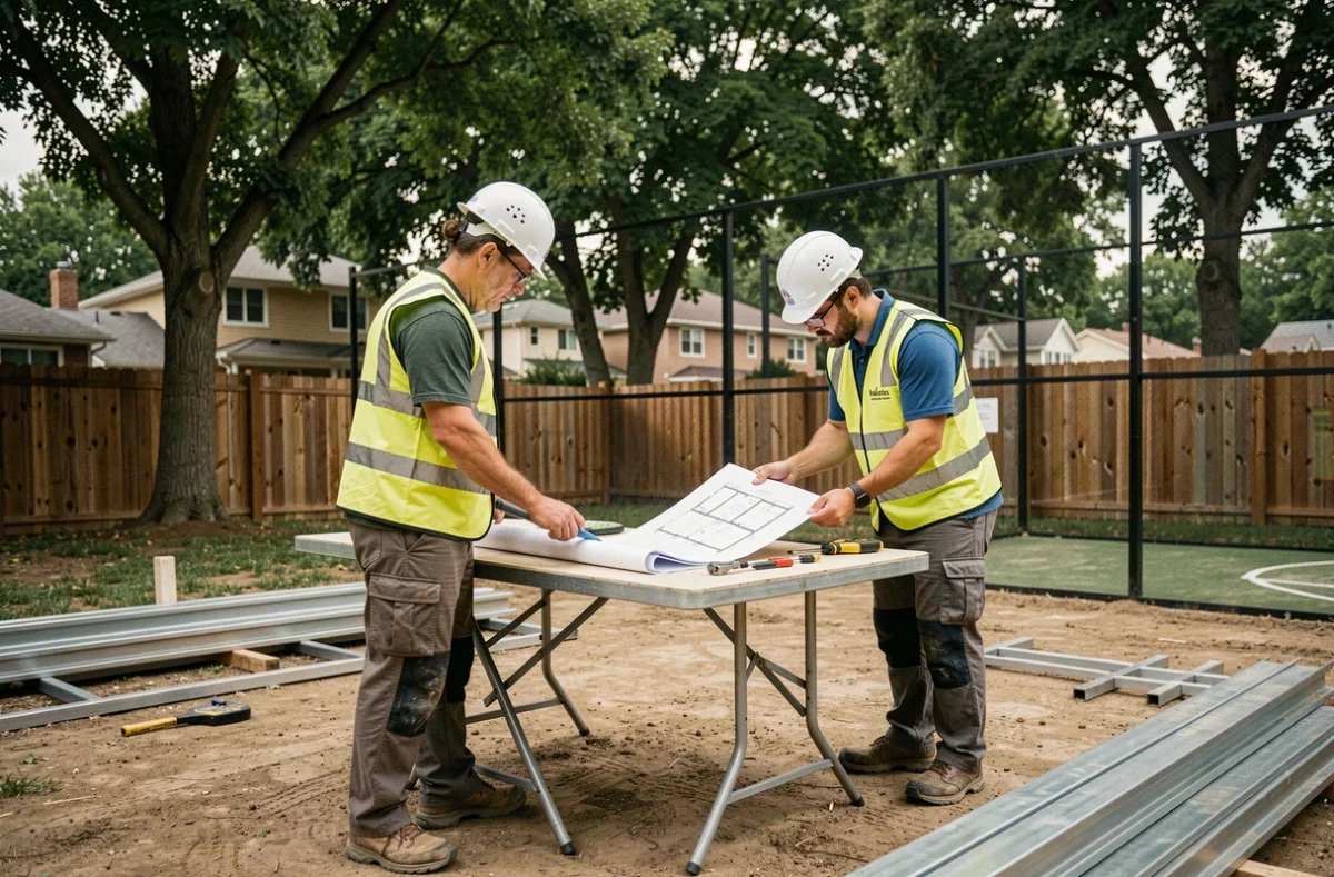 Deux ouvriers examinent des plans de construction pour un terrain de padel privé en cours d'installation dans un jardin résidentiel