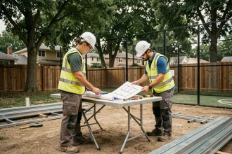 Deux ouvriers examinent des plans de construction pour un terrain de padel privé en cours d'installation dans un jardin résidentiel