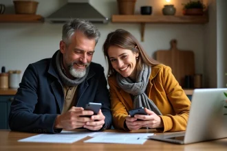 Couple souriant avec smartphones dans une cuisine moderne