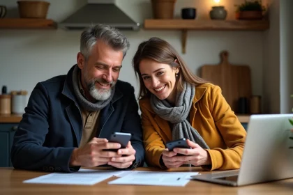 Couple souriant avec smartphones dans une cuisine moderne
