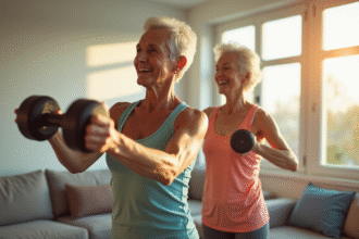 Couple de cinquantenaires souriants faisant de l'exercice dans un salon lumineux