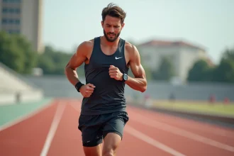 Coureur masculin consultant sa montre GPS pendant un entraînement fractionné sur piste d'athlétisme rouge
