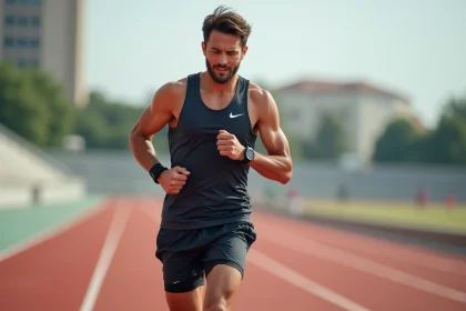 Coureur masculin consultant sa montre GPS pendant un entraînement fractionné sur piste d'athlétisme rouge