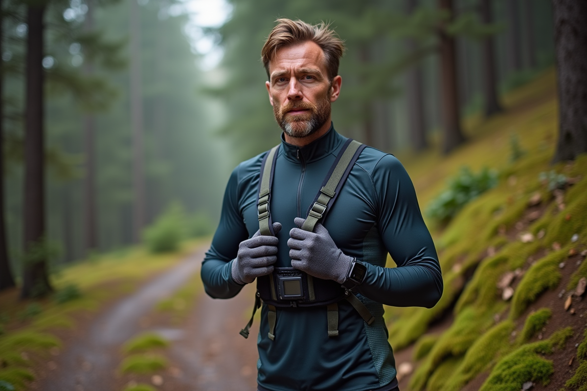 Coureur homme en trail avec gilet d'hydratation en forêt