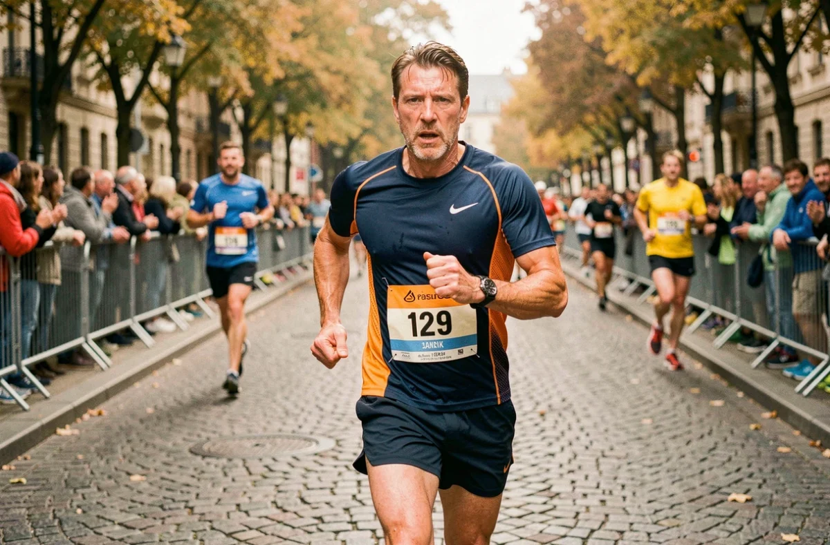 Coureur masculin de 42 ans en plein effort lors d'un marathon urbain, bib de course visible, en pleine foulée sur boulevard pavé avec spectateurs en arrière-plan