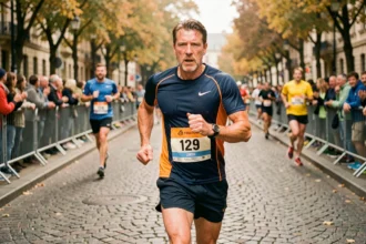 Coureur masculin de 42 ans en plein effort lors d'un marathon urbain, bib de course visible, en pleine foulée sur boulevard pavé avec spectateurs en arrière-plan