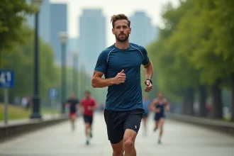 Coureur homme en action vérifiant sa montre dans un parc urbain