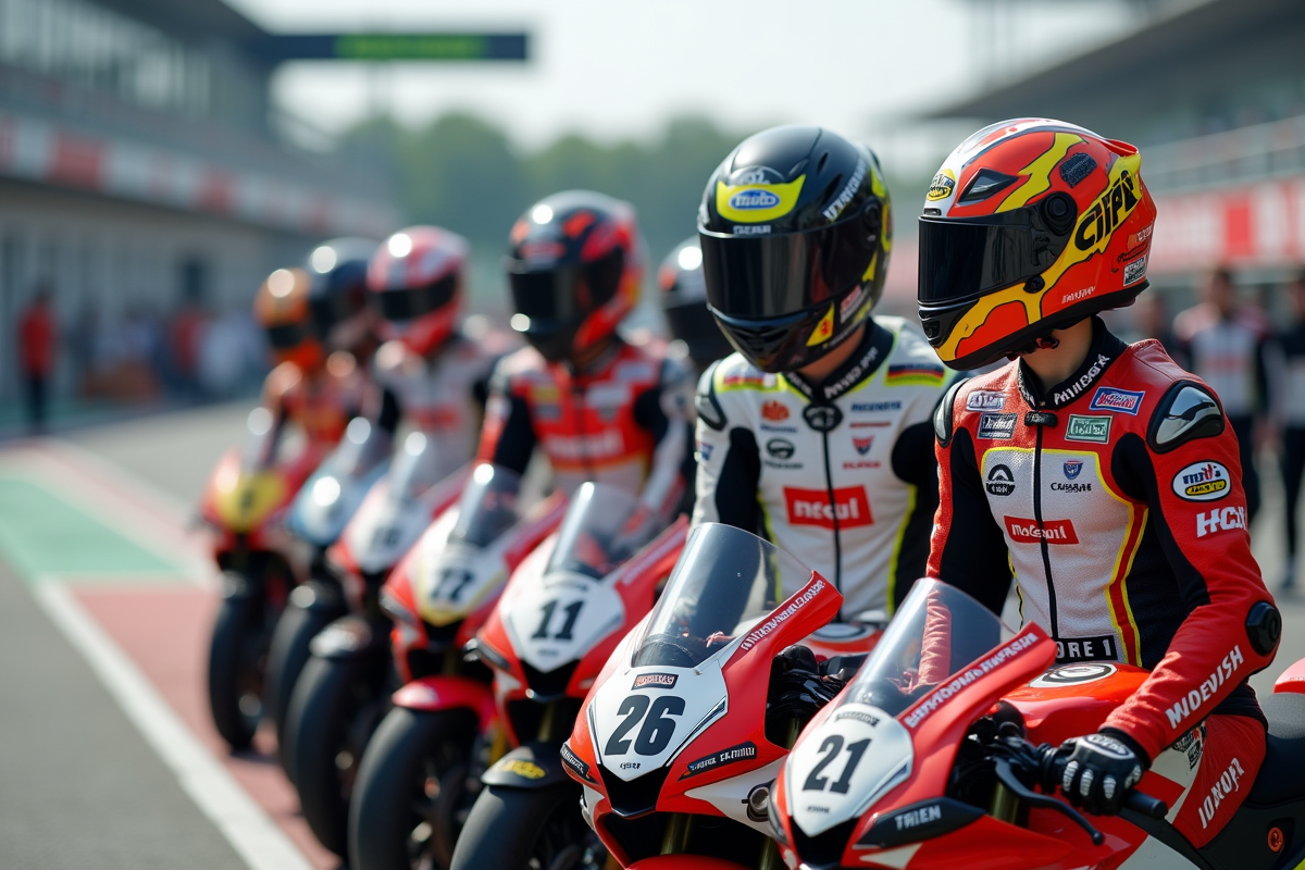 Groupe de pilotes de moto en paddock lors d'une course