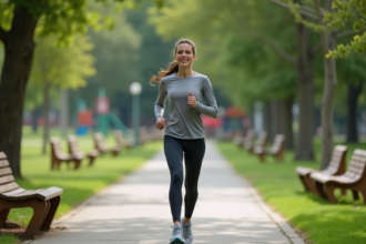 Jeune femme courant dans un parc urbain verdoyant