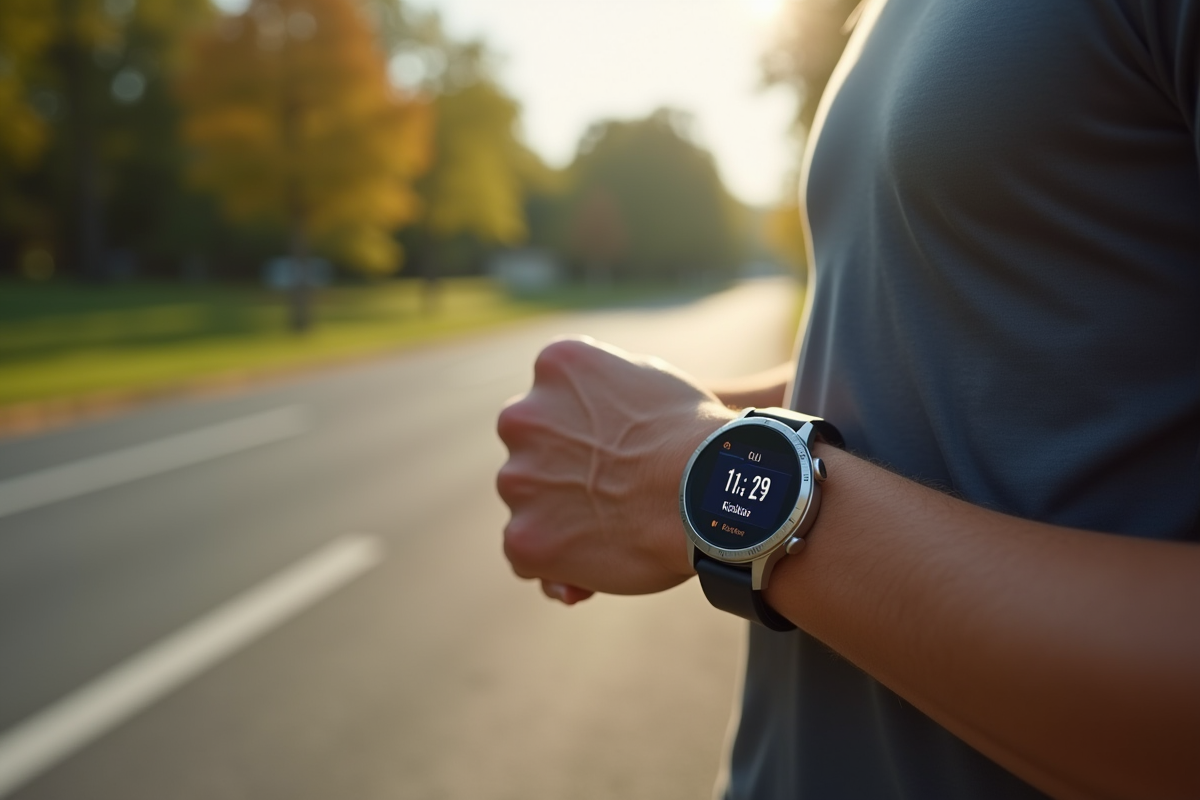 Courseur vérifiant sa smartwatch en plein air lors d'une course