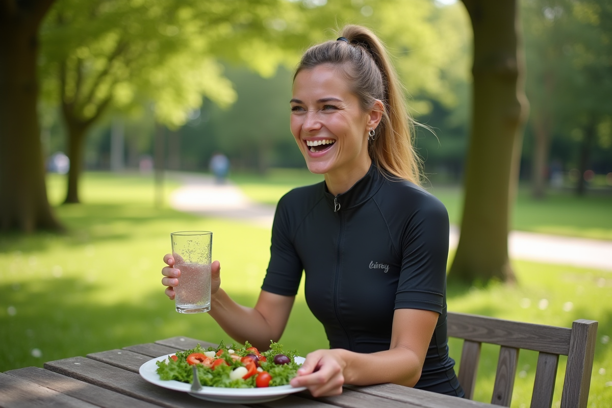 Femme cycliste dégustant une salade dans un parc