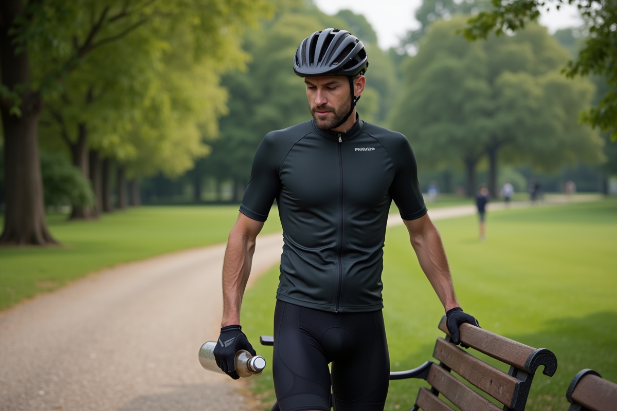 Cycliste homme préparant une boisson dans un parc vert