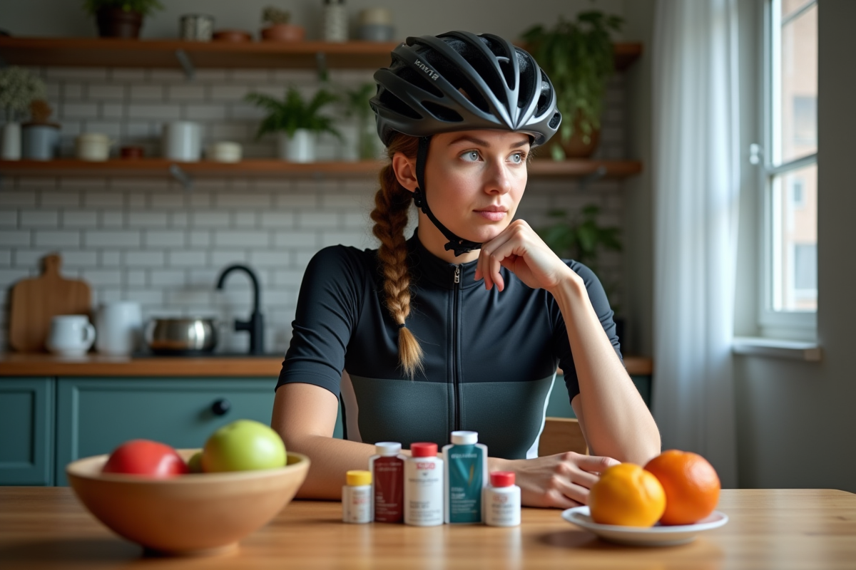 Femme cycliste examine des gels dans sa cuisine