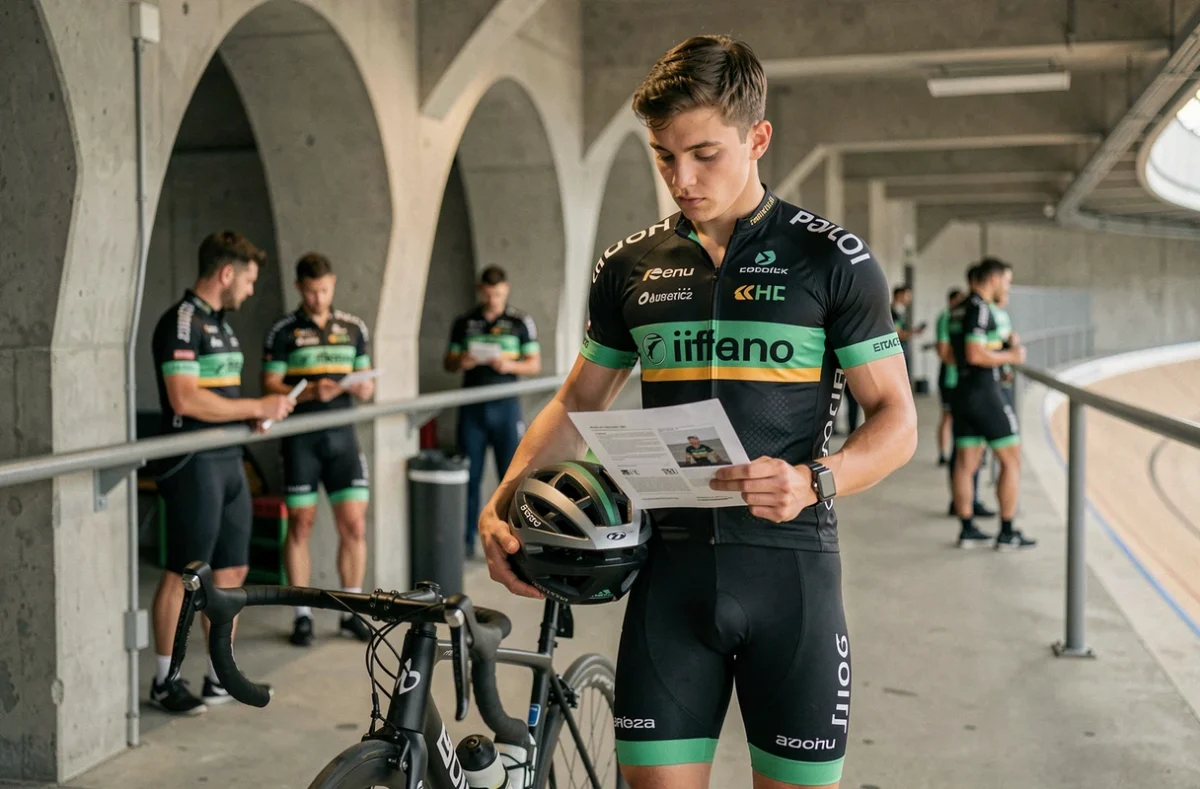 Cycliste professionnel consultant son contrat salarial dans un couloir de vélodrome avec son équipe WorldTour