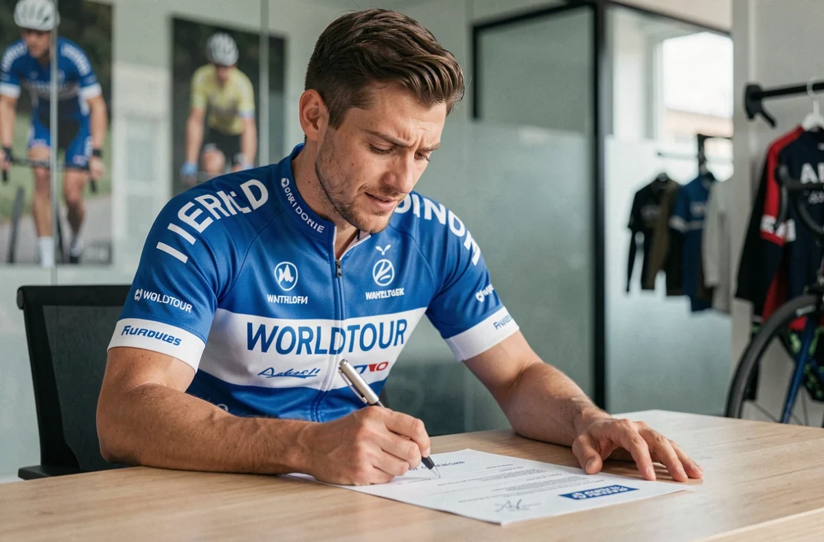 Jeune cycliste professionnel signant son premier contrat WorldTour dans un bureau moderne d'équipe cycliste