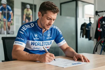 Jeune cycliste professionnel signant son premier contrat WorldTour dans un bureau moderne d'équipe cycliste