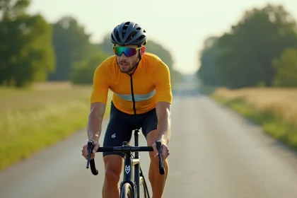 Jeune homme en vélo sur route de campagne en matinée