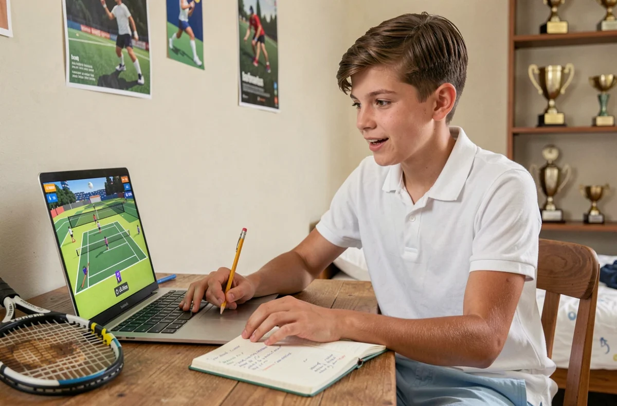 Adolescent jouant à un jeu de tennis sur Roblox avec des codes inscrits dans un carnet, ambiance chambre de gamer débutant