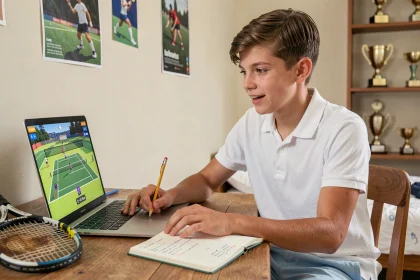 Adolescent jouant à un jeu de tennis sur Roblox avec des codes inscrits dans un carnet, ambiance chambre de gamer débutant