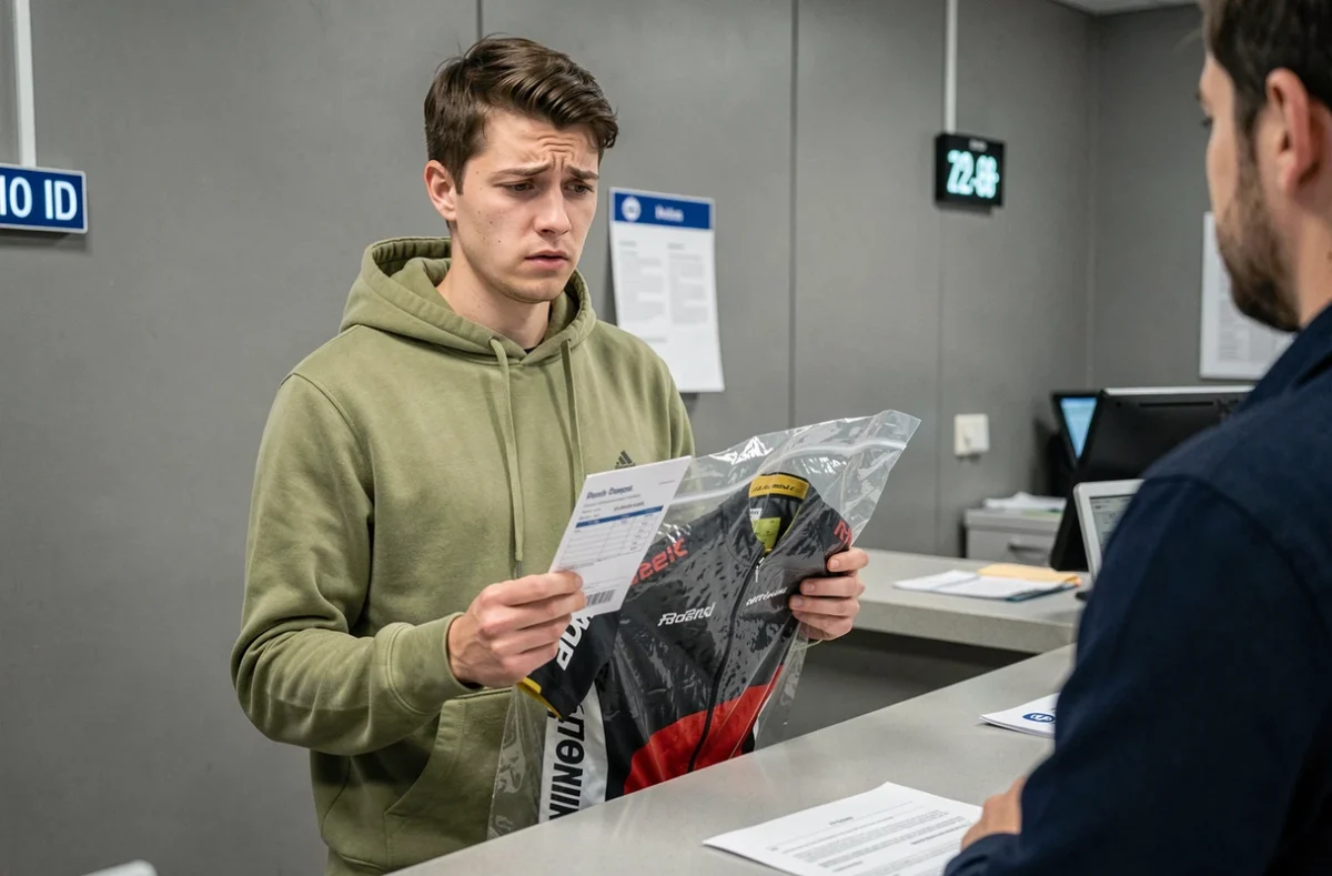 Personne déposant un colis de retour de vêtement sportif endommagé dans un bureau de poste