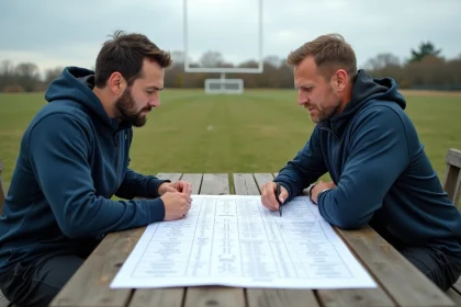 Deux hommes en tenue de sport étudient un tableau de classement football en extérieur