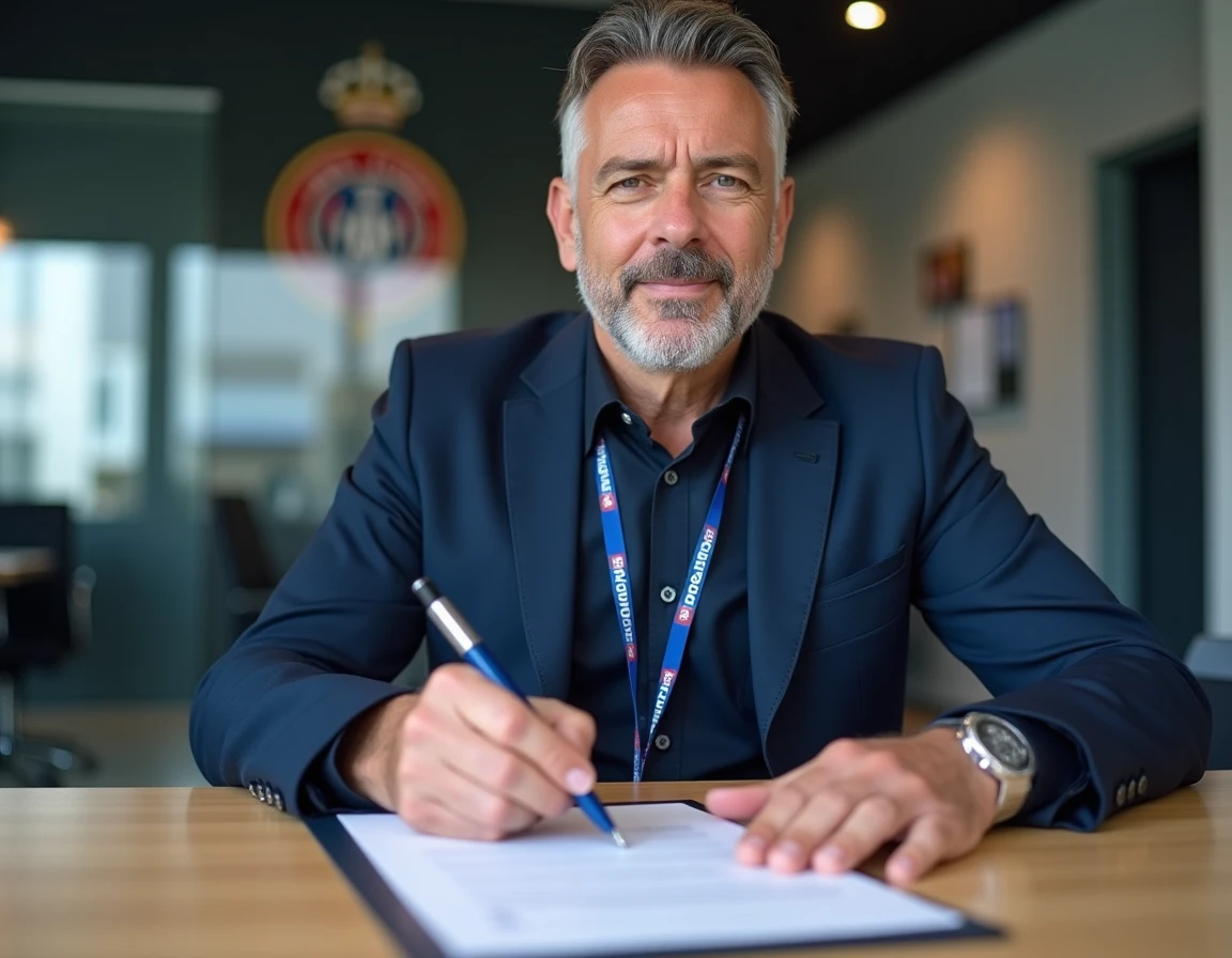 Dirigeant du FC Nantes signant un contrat de prolongation ou de transfert dans les bureaux du club
