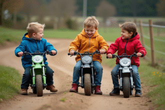 Trois enfants avec motos miniatures dans un cadre rural