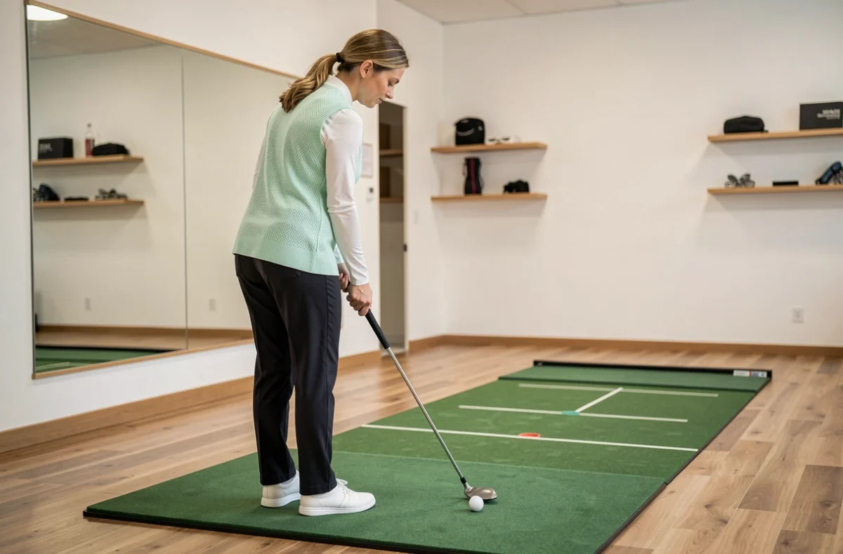 Golfeuse pratiquant sa routine de putting sur un tapis d'entraînement intérieur avec une posture zen et alignée