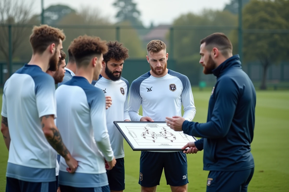Groupe de joueurs du FC Versailles 78 autour du tableau tactique à l'entraînement, illustrant la préparation en vue du classement de fin de saison