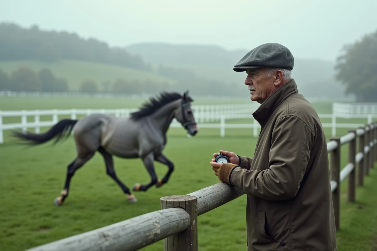 Entraîneur équestre chronométrant un cheval au galop sur une piste d'entraînement privée à la campagne