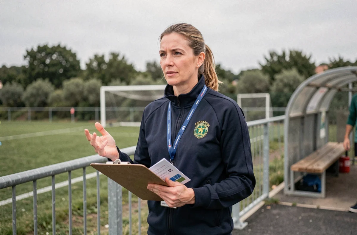 Entraîneuse de football féminin donnant des consignes tactiques en bord de terrain dans la région Drôme Ardèche