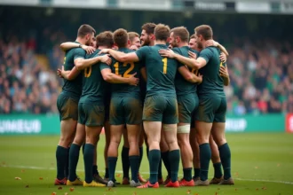 Groupe de joueurs de rugby souriants en célébration