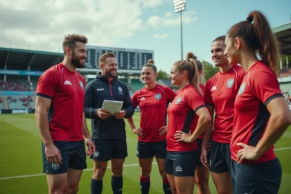 Groupe de joueurs de rugby en équipe en extérieur