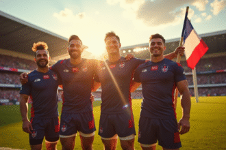 Groupe de joueurs de rugby sevens français dans le stade avec drapeau