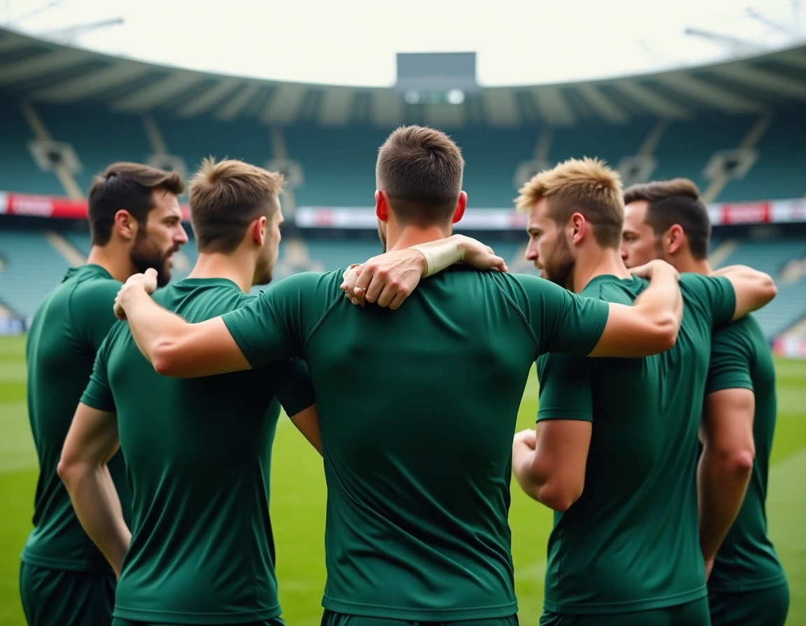 Équipe de rugby U20 formant un cercle d'encouragement avant un match du calendrier de la Coupe du monde 2026