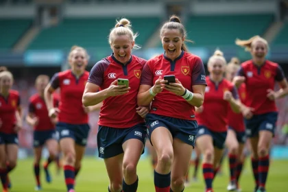 Groupe de joueurs de rugby célébrant leur victoire sur le terrain