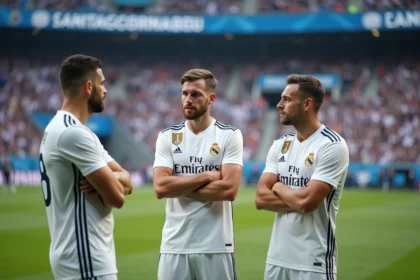 Groupe de joueurs du Real Madrid dans le stade Santiago Bernabeu