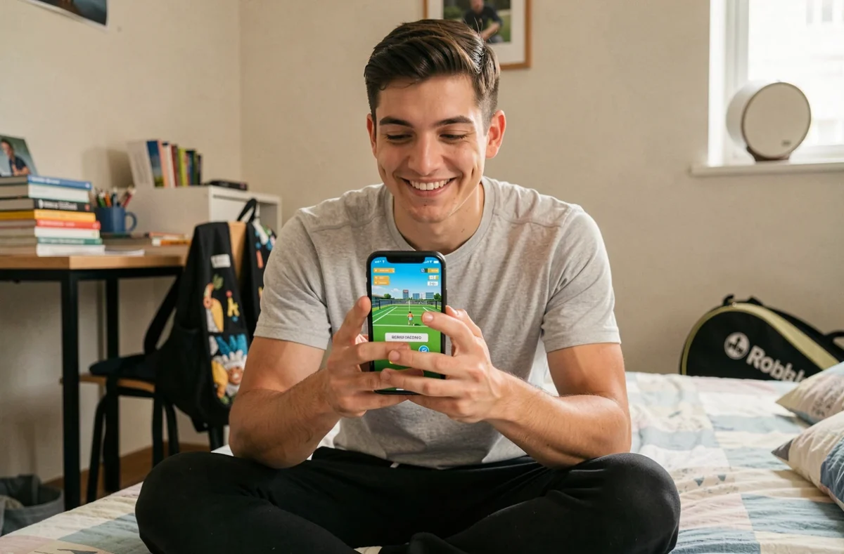 Jeune adulte validant un code Roblox Tennis Zero sur smartphone dans une chambre d'étudiant, sourire de satisfaction