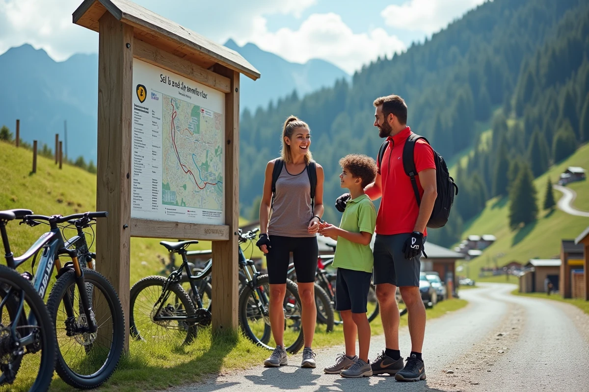 Famille discutant devant panneau de parcours vélo en montagne