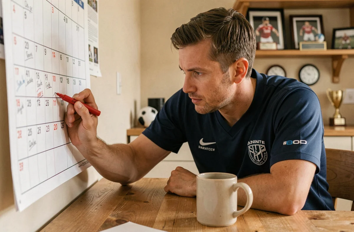 Fan de football marquant les journées du calendrier H Cup 2026 sur un calendrier papier à la maison