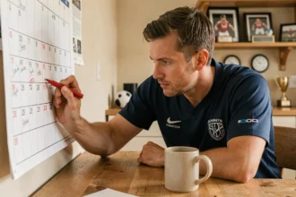 Fan de football marquant les journées du calendrier H Cup 2026 sur un calendrier papier à la maison