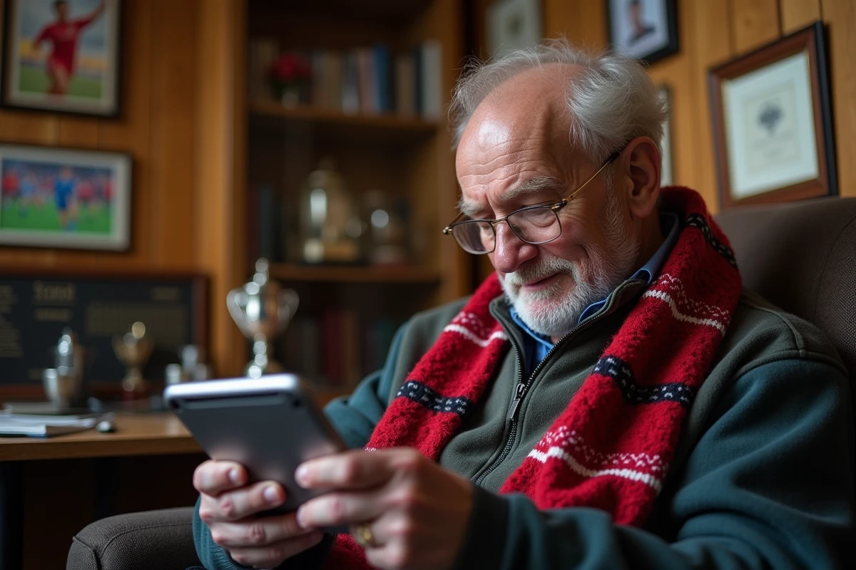 Supporter de rugby regardant les scores sur une tablette dans un club
