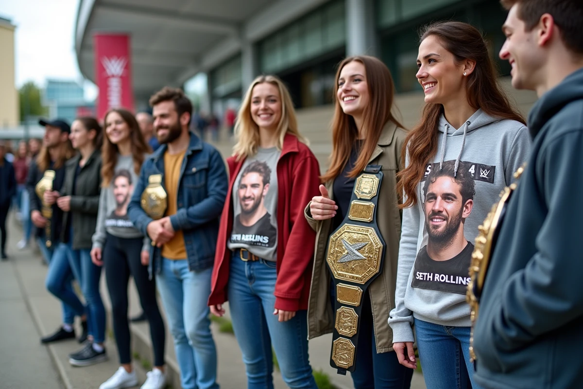 Fans jeunes et divers devant une arene de lutte en extérieur